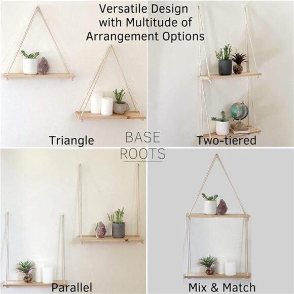 Hanging Shelves for Wall [Set of 2 w/ Hooks] Wooden Shelf Macrame Rope - Picture 2 of 6